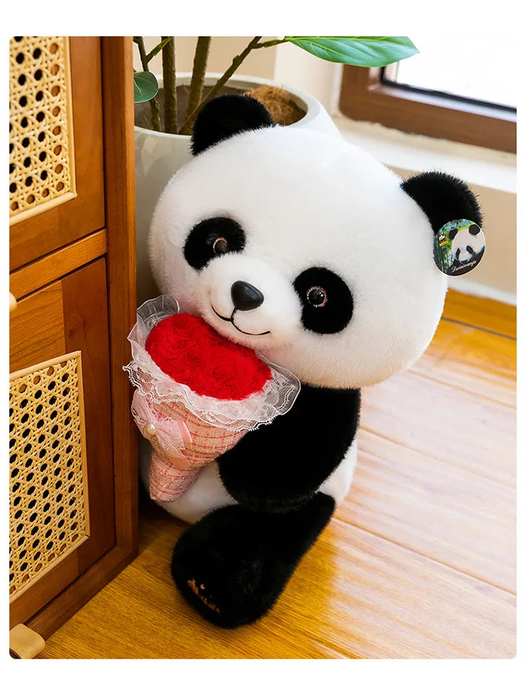 Kawaii Stuffed Doll Cute Panda Plush Toy with Flower Bouquet for Anime Lovers Kids Birthday Gift Stuffed Animal Gift for