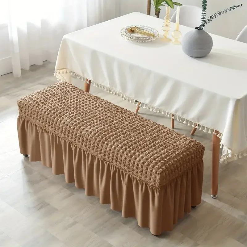 Stretch Long Bench Cover with Skirt Seersucker Ottoman Covers Elastic Piano Stool Protector Bedroom Bedside Footrest Slipcovers