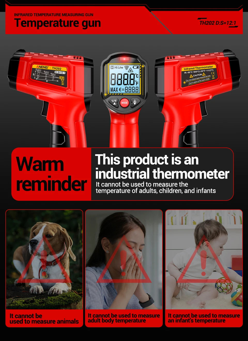 Industrial Handheld Thermometers Car Test Non Contact IR Laser Heat Temperature Gun Point HD Screen for Cooking Tool