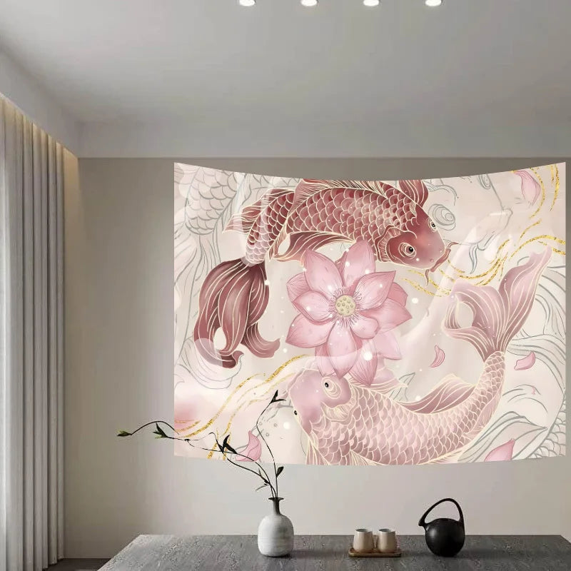 Koi and Lotus Tapestry New Chinese Style Living Room Tea Room Wall Hanging Zen-Inspired Room Decor