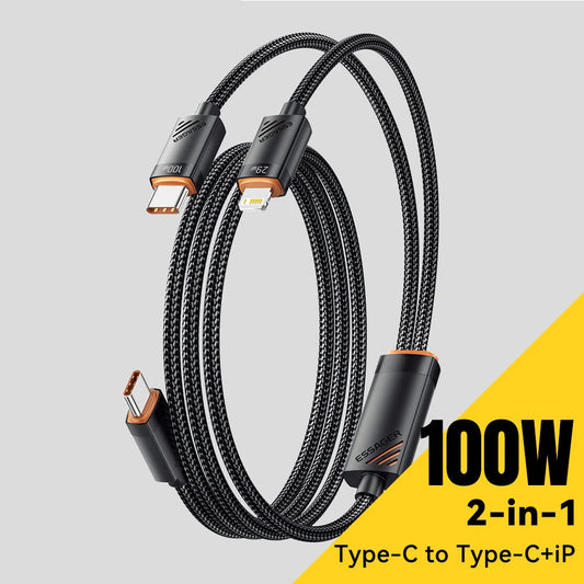 2-in-1 USB-C to USB-C + Lightning PD 100W Fast Charging Cable