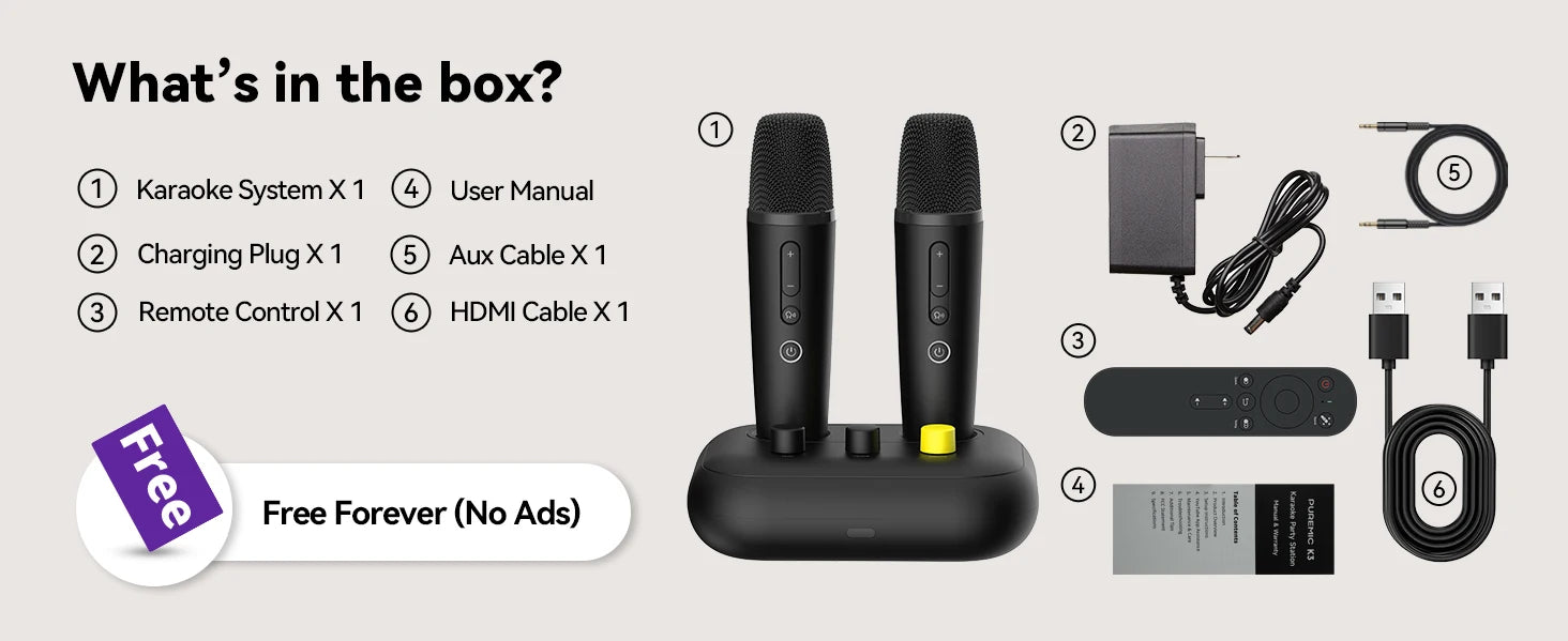 Puremic Karaoke Machine, Free Forever millions songs video MTV karaoke songs streaming karaoke Home Karaoke no Ads with 2 mics