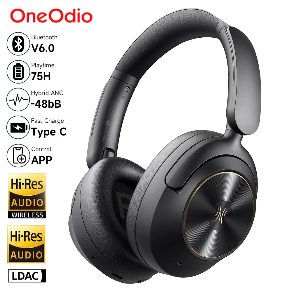 A6 ANC Wireless Bluetooth 6.0 Headphones -48dB Hybrid Active Noise Cancelling Over Ear Headset With Mic Hi-Res LDAC APP
