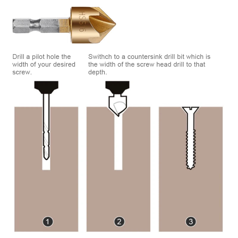 6PCS 1/4'' Countersink Drill Bit Set Hex Shank HSS 5 Flute Countersink 90 Degree Wood Chamfering Cutter Chamfer Tools 6mm-19mm