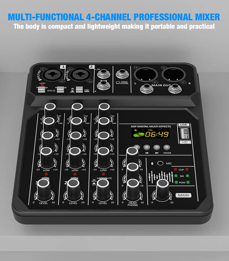 4-Channel Mixing Console Bluetooth Audio Mixer 48V Professional USB Computer Karaoke