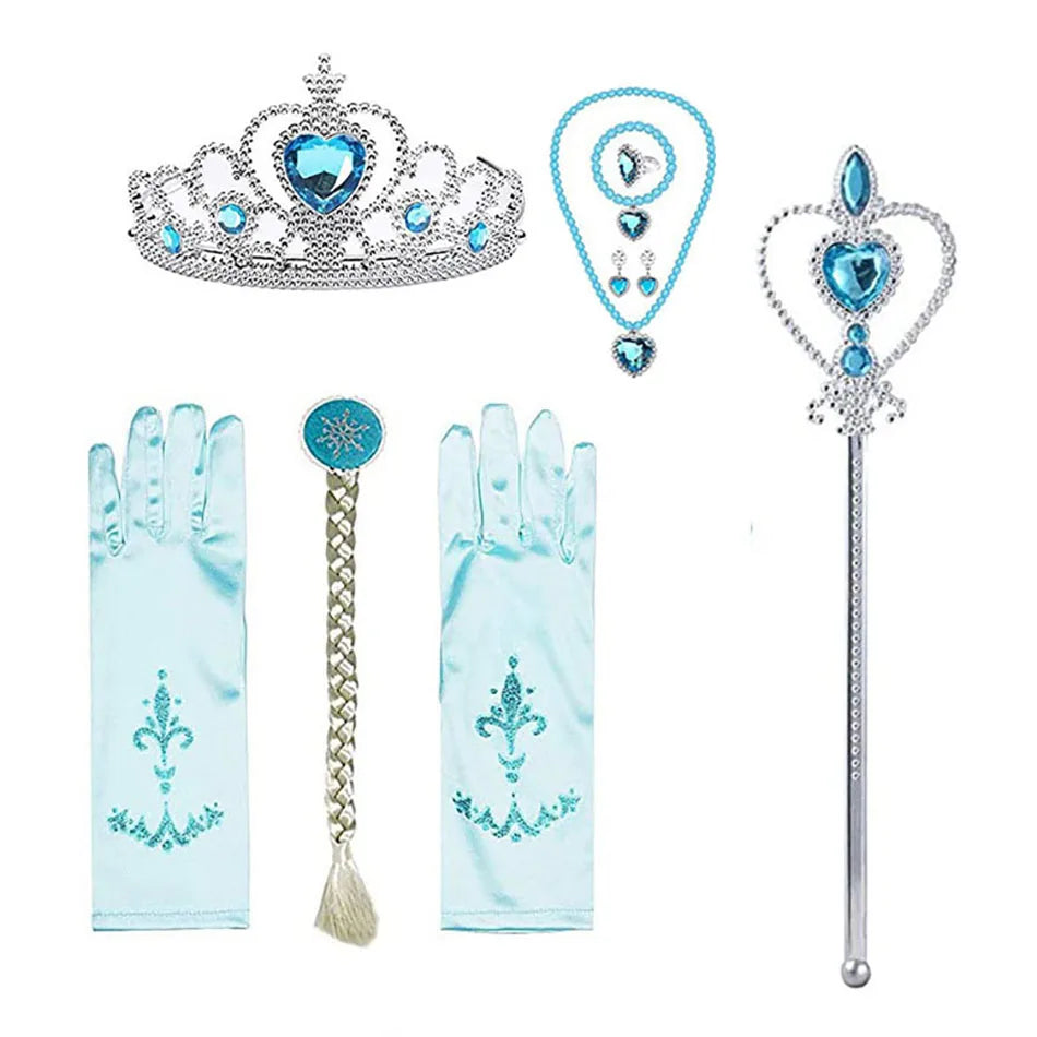 Elsa Princess Accessories Gloves Wand Crown Jewelry Set Elsa Wig Necklace Braid for Princess Dress Clothing Cosplay Dress UP