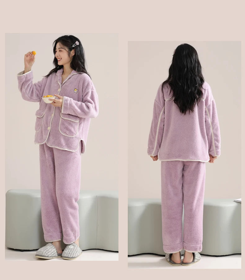 Women’s Winter Flannel Pajama Set – Warm Coral Fleece Loungewear with Cute Bunny Design