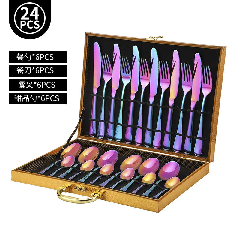 24pcs Golden Tableware Set Light Luxury Stainless Steel Cutlery Fork Knife Spoon Dinnerware Set Minimalist Decor with Gift Box