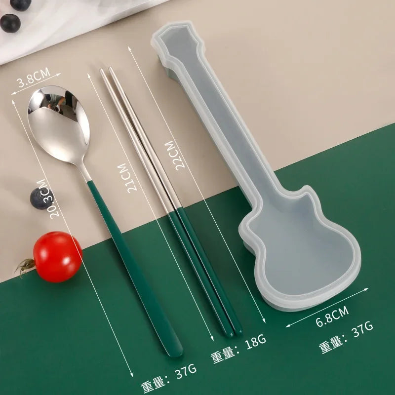 2/3Pcs Cutlery Set Fork Spoon Chopsticks Dinnerware Set 304 Stainless Steel Portable Travel Flatware Guitar Box