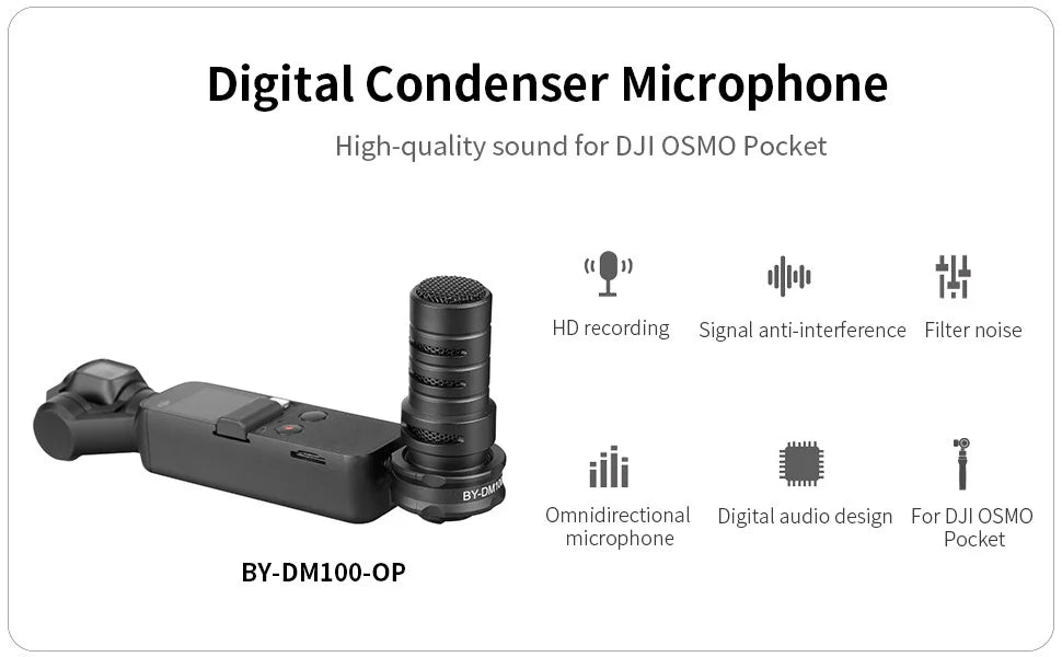 BY-DM100-OP Condenser Microphone for DJI OSMO™ Pocket Only Plug and Play Mic Live Streaming Youtube Video Recording Vlog