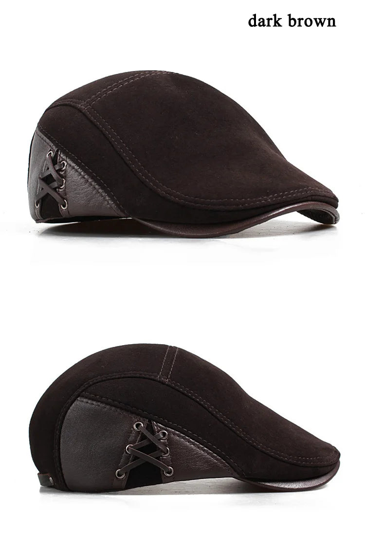 European Style Genuine Leather Caps Beret Man Casual Sheepskin Suede Fitted Duckbill Hats Male