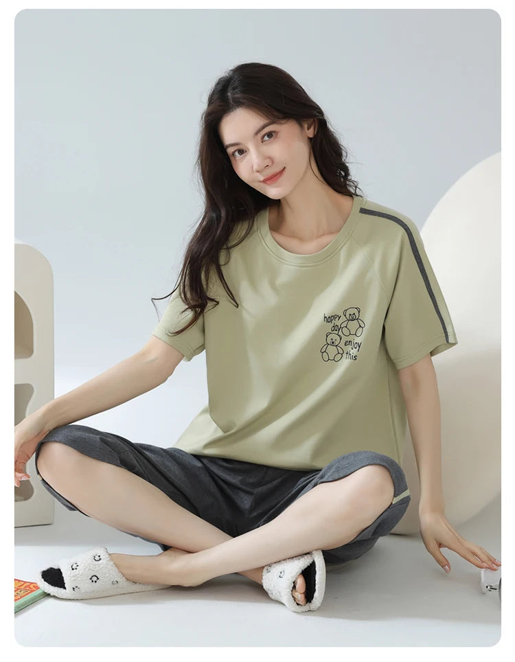 2-Pcs Women’s Cotton Pajama Set – Breathable Short Sleeve Summer Sleepwear with Cute Prints