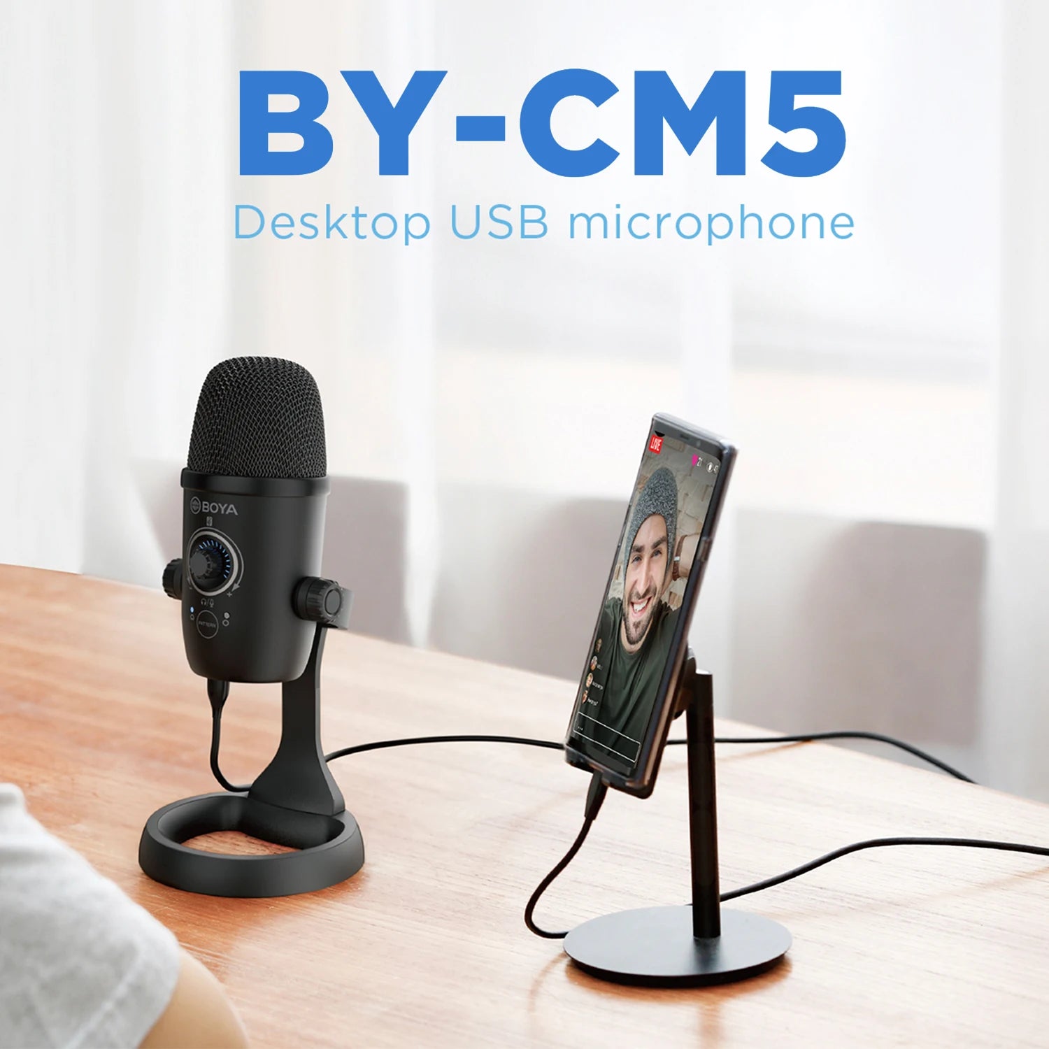 USB Condenser Recording Microphone BY-CM5 Tabletop Real-Time Studio Video Mic for PC iPhone Youtube Livestream Game Podcast
