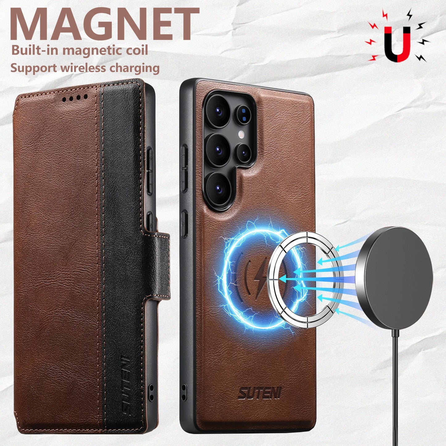 Magnetic Flip Wallet Case with Card Holder & Stand for Samsung Galaxy S26 Ultra / S25 / S24 / S23 – Faux Leather Wireless Charging Cover