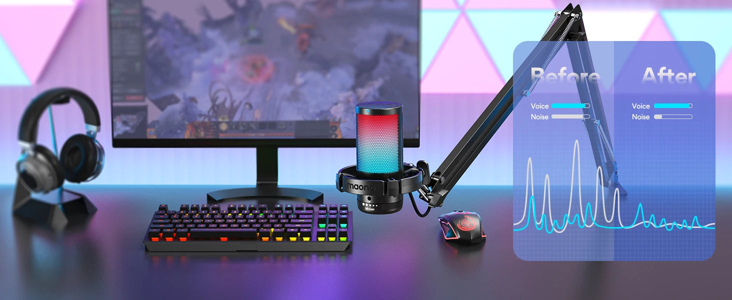 DGM20S USB Microphone Gaming Mic Condenser Mic RGB Mic Noise Canceling Mic with Mic Gain,RGB Light,One key mute