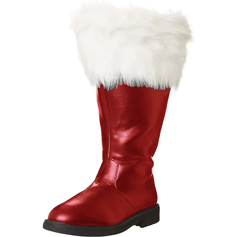 Christmas Santa Claus Boots Cosplay Black Leather Shoes White Plush Cuff Shoes Halloween Christmas Suitable For Men And Women