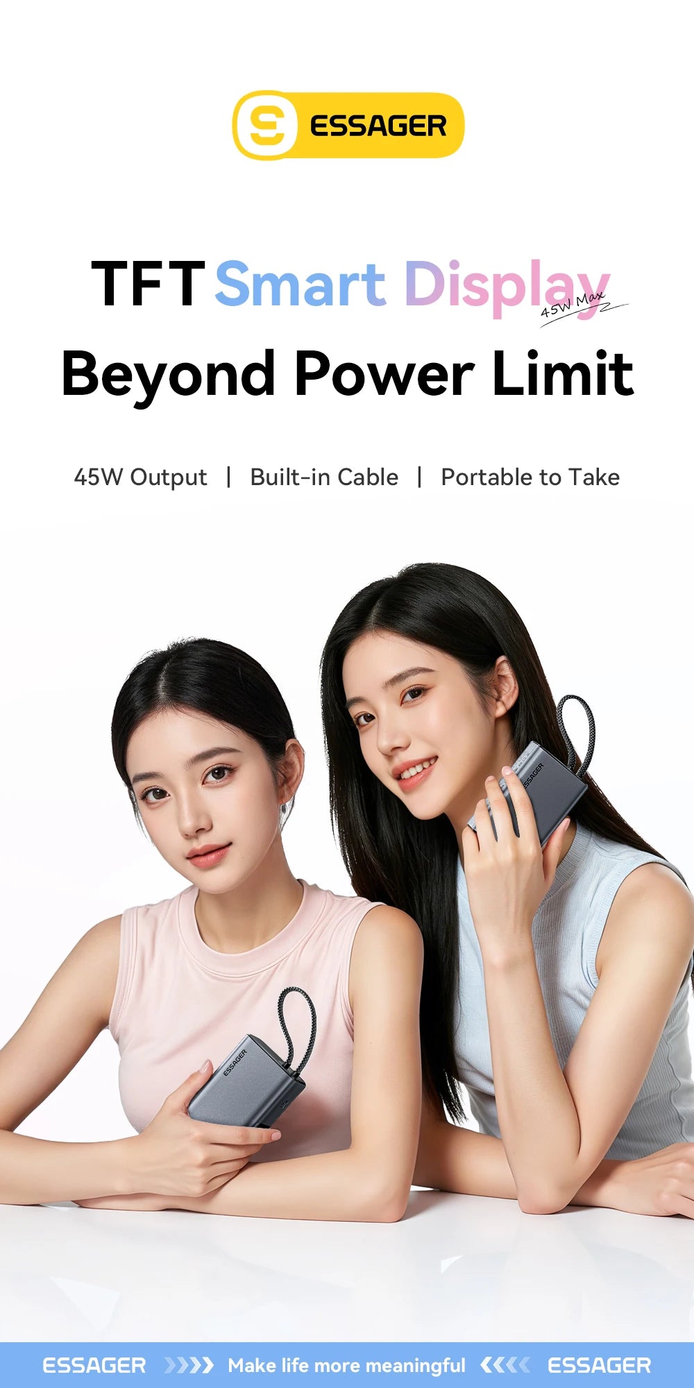 45W Power Bank 10000mAh Built-in USB C Cable Fast Charging Portable Battery with Digital Display