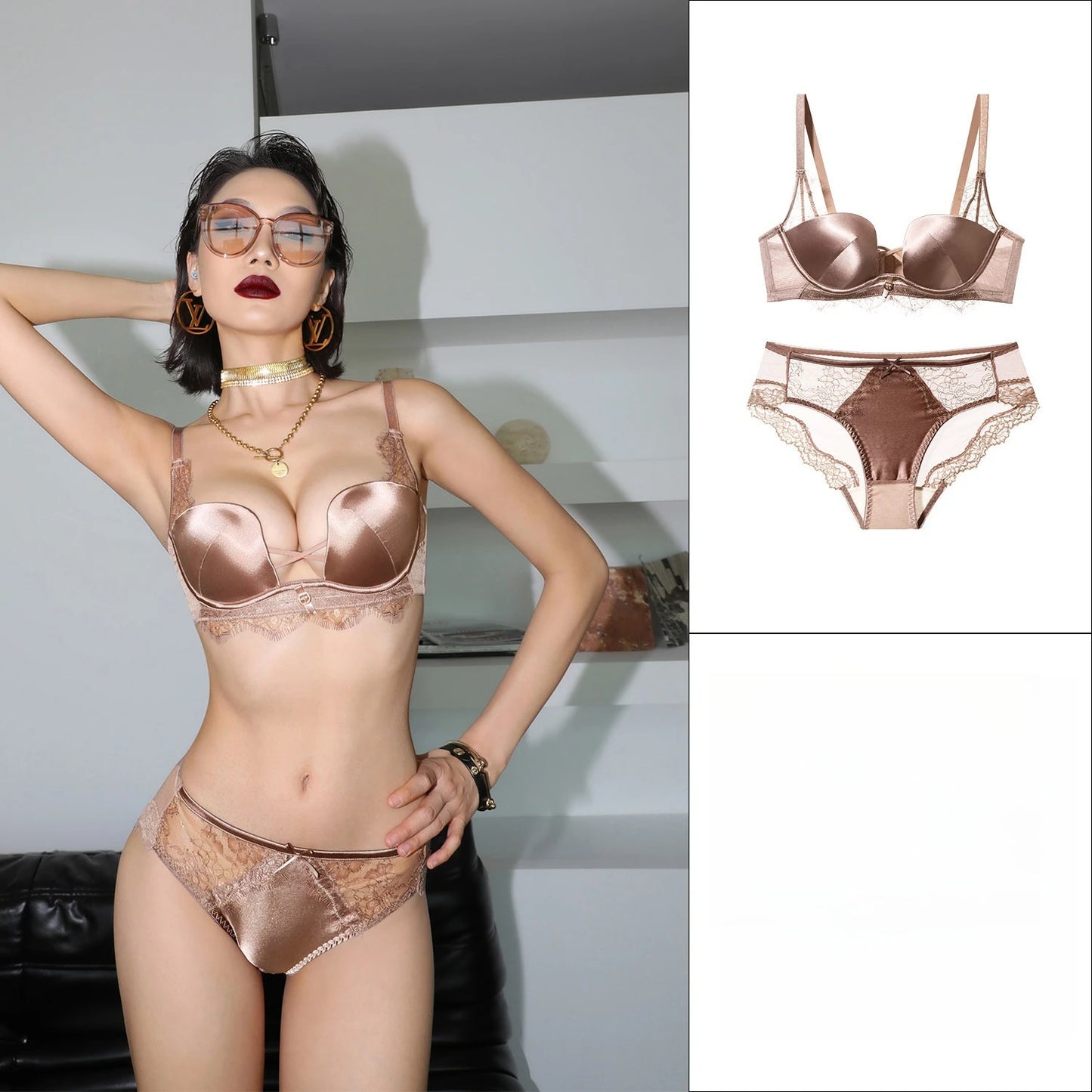 Womens Leopard Print Lace Push Up Bra and Brief Set
