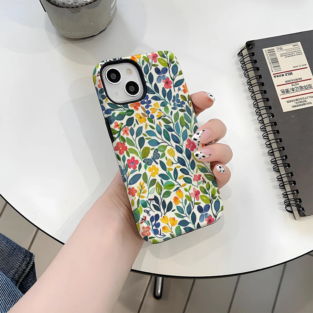 Flower Flora Green Leafs 2 in 1 Phone Case for iPhone 16 15 Pro Max 16 Plus Double Deck Shockproof Protective Cover