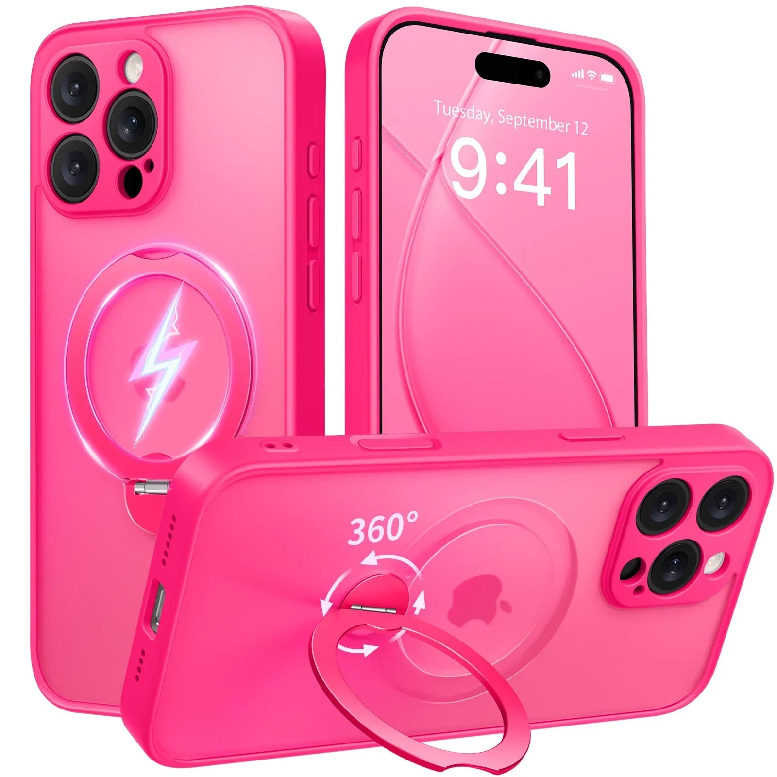 360° Rotatable Stand Case for iPhone 16 Pro Max Camera Lens Drop Protection Shockproof Slim Magnetic MagSafe Phone Case Pink