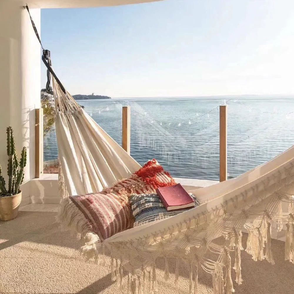 Macrame  Double Hammock Bohemian Woven Fringe Tassels Canvas Large Hanging Swing Bed Chair for Beach Yard Bedroom Patio Porch