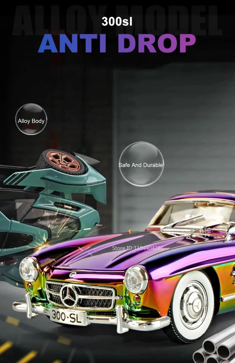 1:24 Phantom 300SL Alloy Diecast Vintage Car Miniature Model Toys Sound Light Pull Back Doors Opened Ornament s Festival Gift
