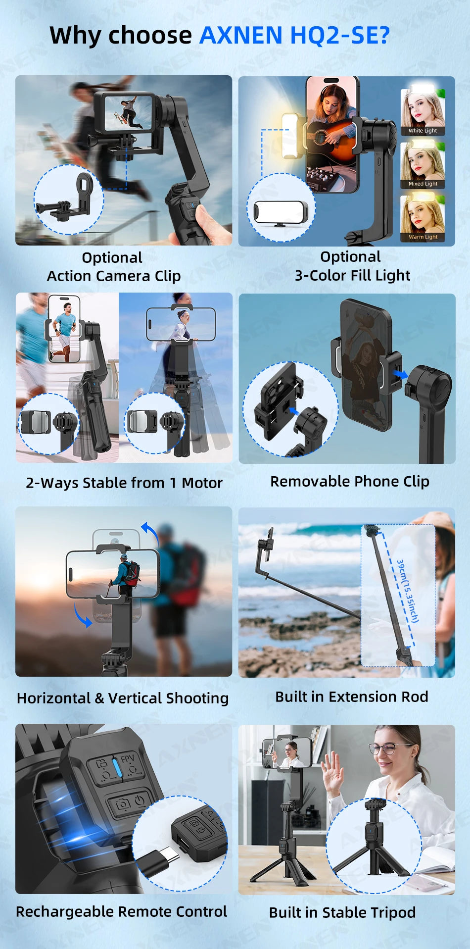 HQ2 SERIES Mobile Phone Stabilizer Handheld Gimbal for Smartphone Gopro Action Camera Extension Rod Selfie Stick Tripod