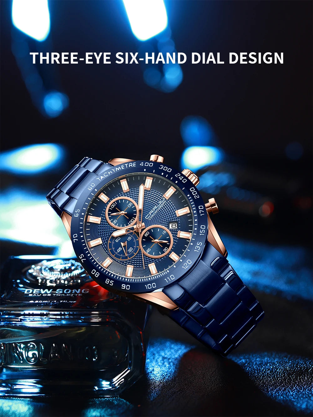 Men Watch Fashion Sports Chronograph Wristwatches Stainless Steel Strap with Auto Date