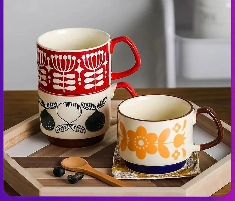 Japanese Flower Coffee Mug Set Retro Ceramic Milk Oats Mug Office Water Handgrip Cup Kitchen Party Drinkware Set 300ml