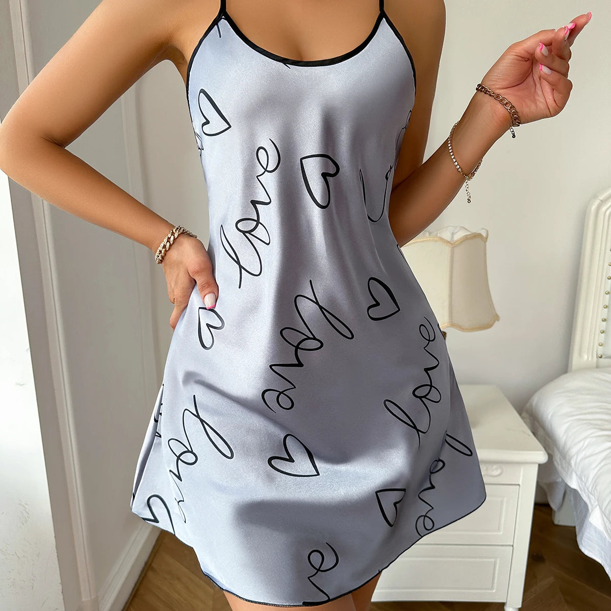 Heart Letter Print Nightdress  Casual Round Neck Spaghetti Strap Sleep Dress  Women's Sleepwear   Dresses