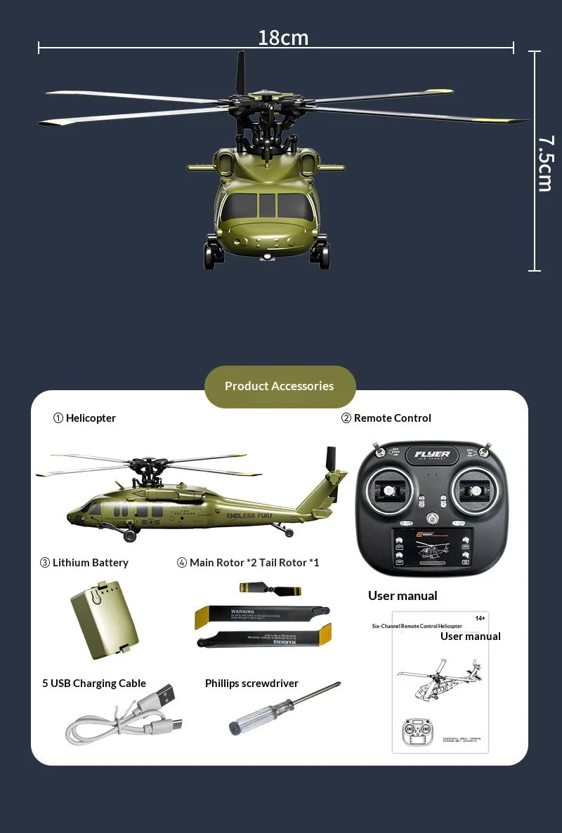 Six Channel Remote Control Military Helicopter With Simulated Stunt Design