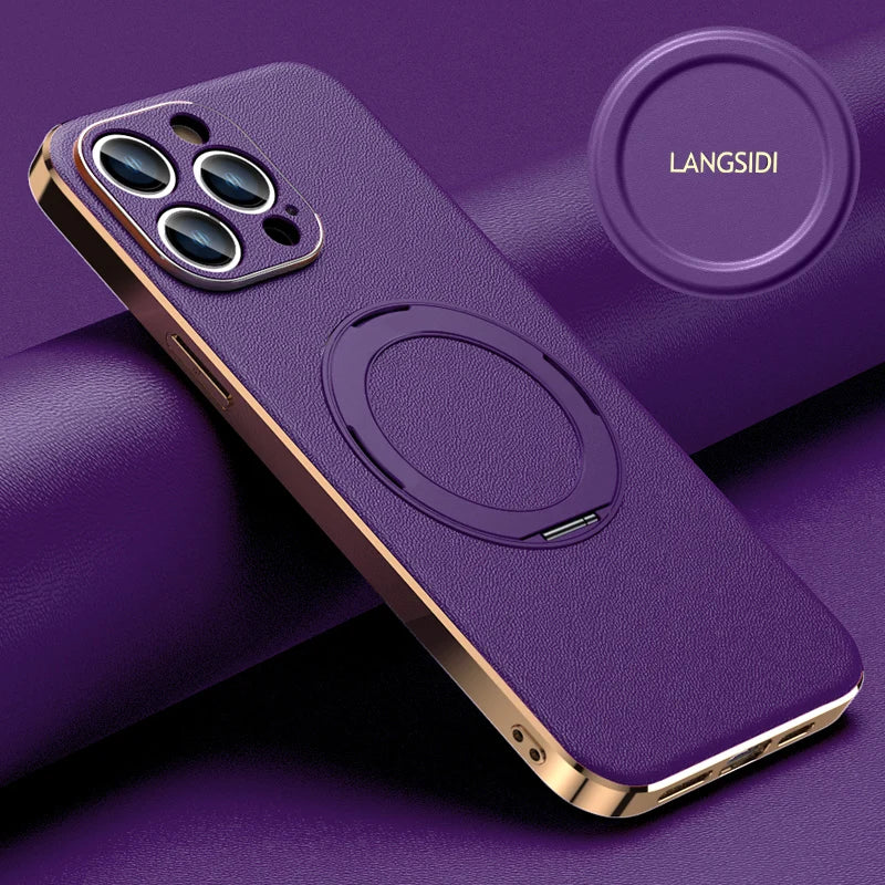 Leather for Magsafe Case for iPhone 16 15 14 Pro Max 16Pro Ring Luxury Lens Protection Holder Phone Back Cover