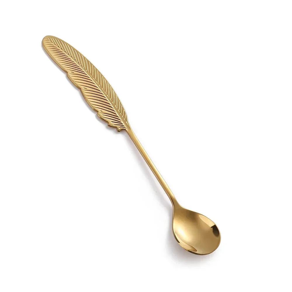 Stainless Steel Feather Spoon, Creative Coffee and Dessert Spoon, Elegant Design for Tea, Ice Cream, Decorative Kitchen Utensils
