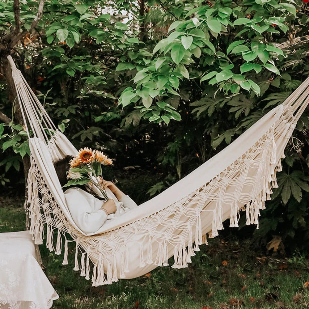 Macrame  Double Hammock Bohemian Woven Fringe Tassels Canvas Large Hanging Swing Bed Chair for Beach Yard Bedroom Patio Porch