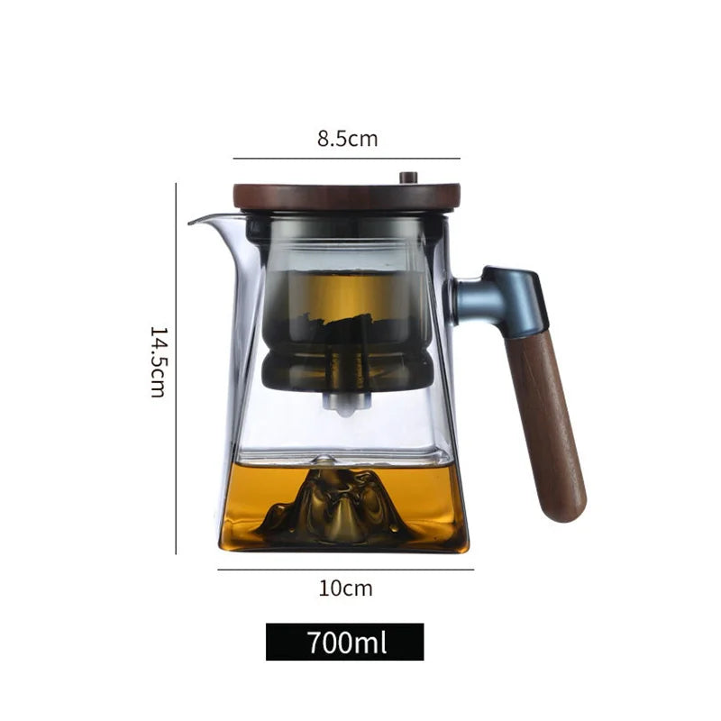 One Click Tea Separation Filtration Bottom Mountain View Glass Teapot With Wood Handle 700ml Kungfu Tea Water Separation Tea Pot