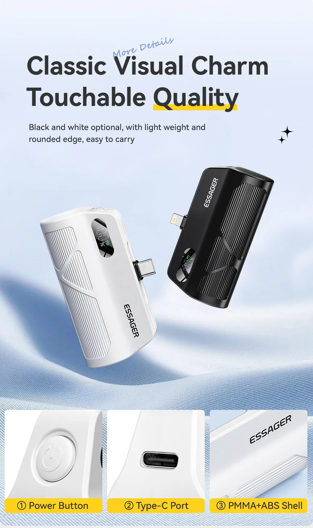 5000mAh Mini Capsule Power Bank 20W PD Fast Charging with Built-in Lightning & USB-C Plug Portable Charger