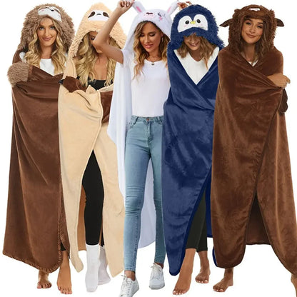 Winter Warm Hooded Blanket with Gloves Cute Cartoon Animal Sloth Penguin Panda Household Flannel Fluffy Wearable Hoodie Blanket