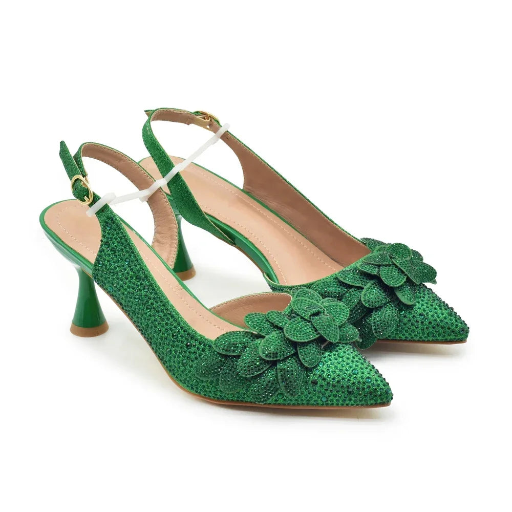 Italian Design Luxury Women's Pointed Toe Shoes Bag Set Full Diamond Decoration Party Women Shoes Fashion