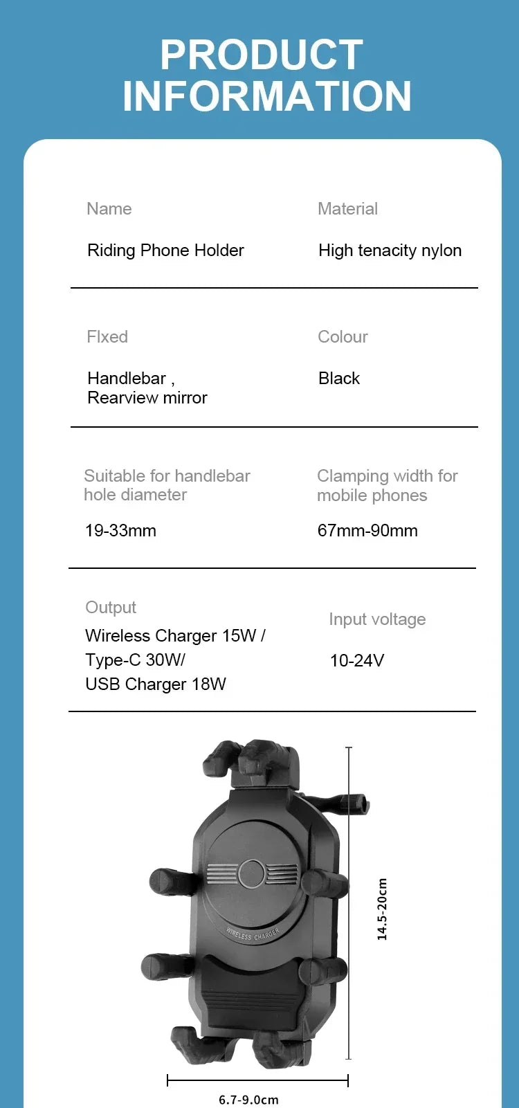 Shockproof & Light Blocking Motorcycle Phone Holder Wireless Charger & 18W USB 30W Type C Fast Charging Motorbike Bicycle Stand