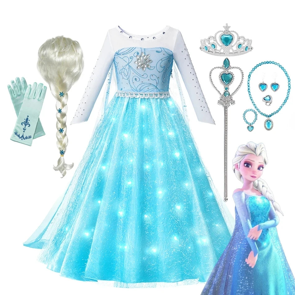 Frozen Elsa Snow Queen Princess Girls LED Light Up Dress Halloween Carnival Clothing Party  Cosplay Costume