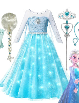 Frozen Elsa Snow Queen Princess Girls LED Light Up Dress Halloween Carnival Clothing Party Kids Cosplay Costume
