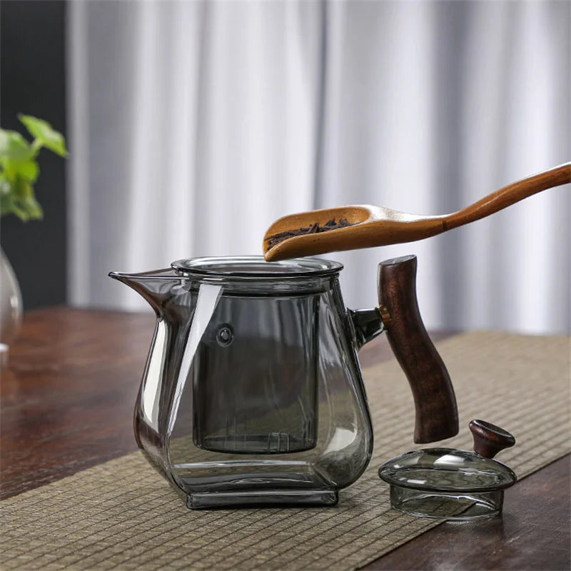 Japanese Style Glass Teapot with Wooden Handle and Infuser