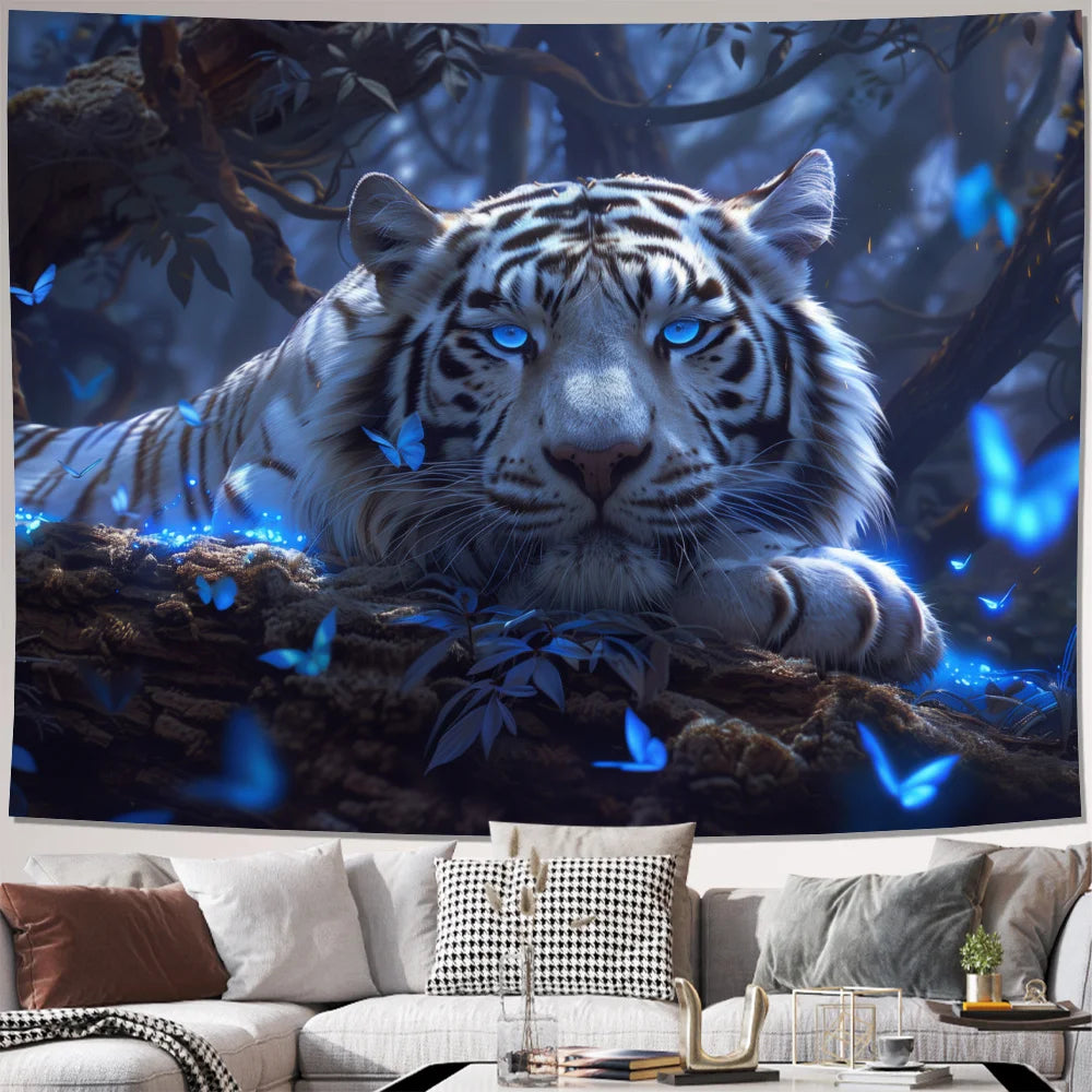 Fantasy Forest White Tiger Tapestry Butterfly Living Room Sofa Natural Style Children's Room Story Wall