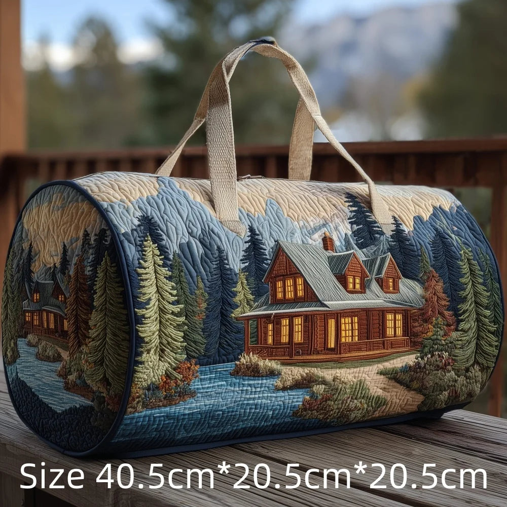3D Print Quilted Duffle Bag Mountain Forest Lake Cabin Scenery Weekend Gym Overnight Bags Carryall Handbag Travel Camping Hiking