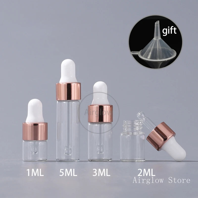 50PCS Mini Dropper Bottles Frosted Glass Empty Essential Oil Aromatherapy Bottles Rose Gold Cap Pipettes Bottles 1ml 2ml 3ml 5ml