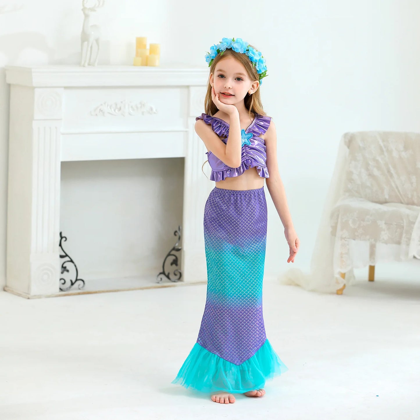 Mermaid Princess Dress Cosplay Party Costume Mid Calf Gown
