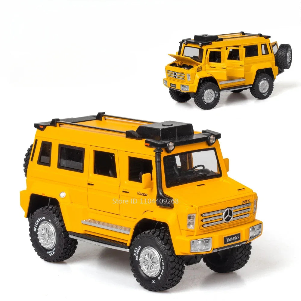 1:28 Scale UNIMOG Motorhome X-Class 6x6 U5000 Car Model Toy Sound Light Pull Back Doors Opened Off-road Vehicle Models Boys Gift