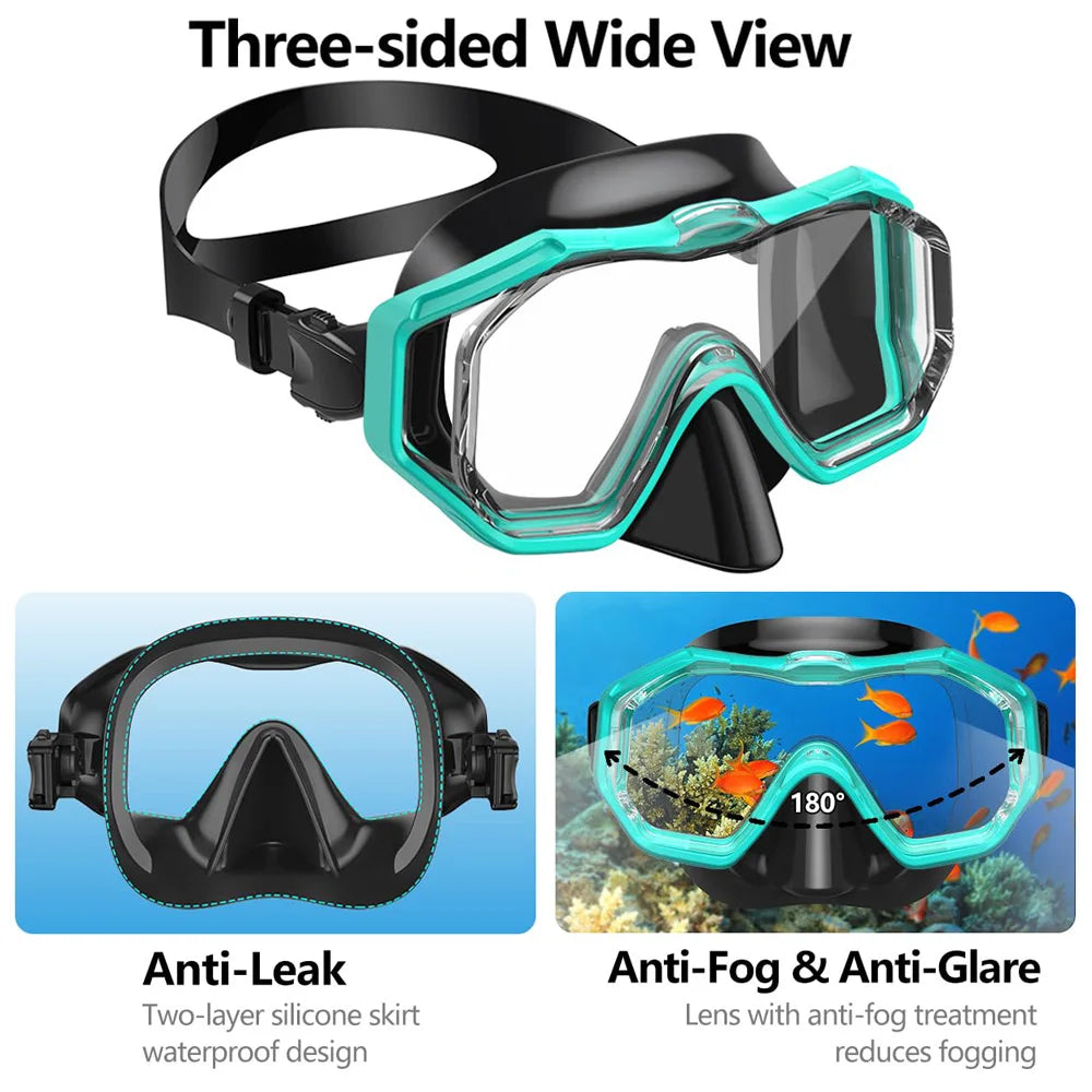 Snorkel Mask 3 Windows Panoramic Wide View HD 3 Lens Adjustable Scuba Snorkeling