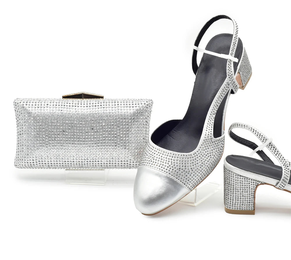 Silver Shoe and Bag Set for Party in Women Shoes and Bags Set for Women Italian African Women Wedding Shoes with Rhinestone