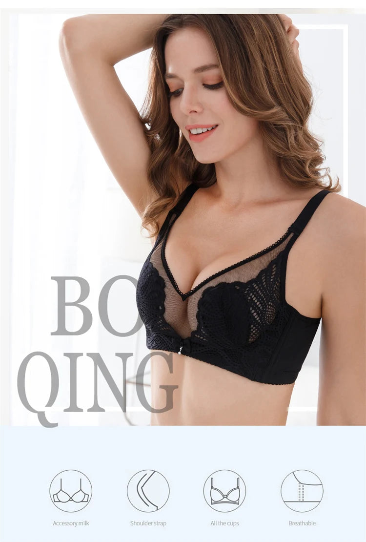 Women’s Lace Transparent Rabbit Ears Bra – Soft, Wire-Free Push-Up with Adjustable Straps